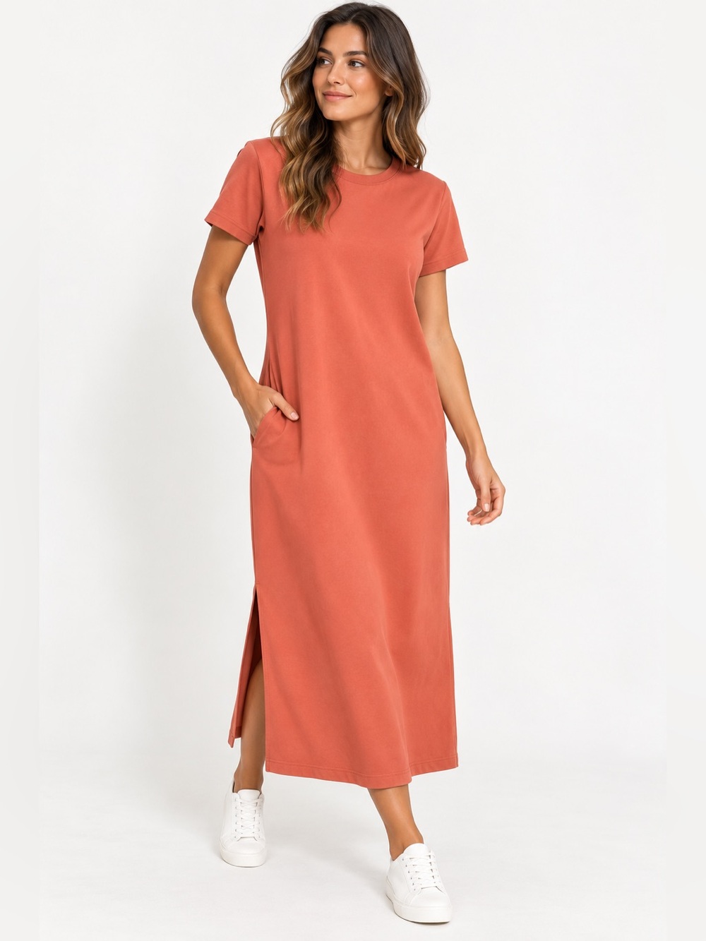 Banana Republic XS Terracotta Maxi T-Shirt Dress Side Slits Pockets Stretch